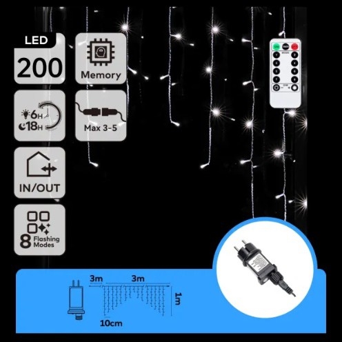 Aigostar - LED spoljašnja božićna girlanda 200xLED/6W/230V/8 funkcija 3x1m IP44 hladno bela + daljinski upravljač