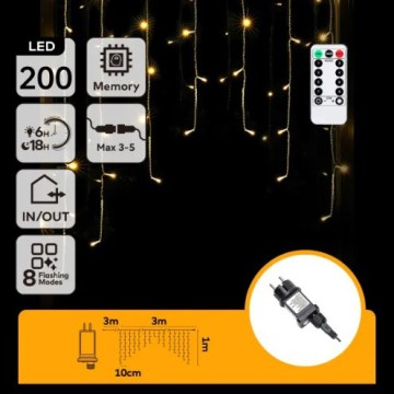 Aigostar - LED spoljašnja novogodišnja girlanda 200xLED/6W/230V/8 funkcija 3x1m IP44 topla bela + daljinski upravljač