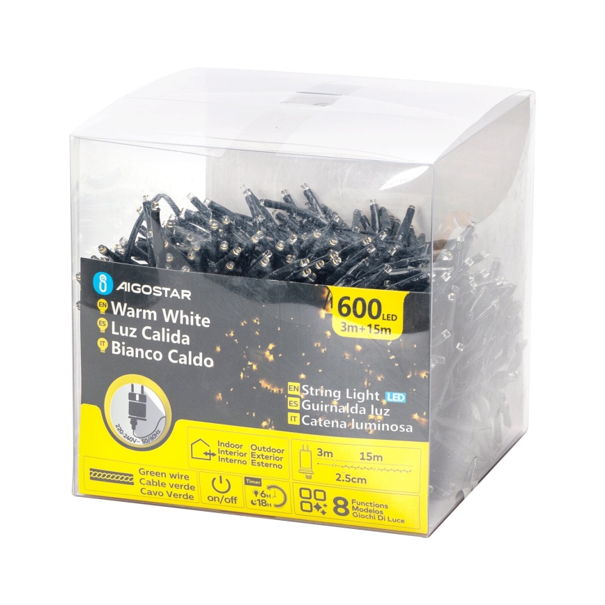 Aigostar - LED Spoljašnje božićne lampice 600xLED/8 funkcije 18m IP44 topla bela