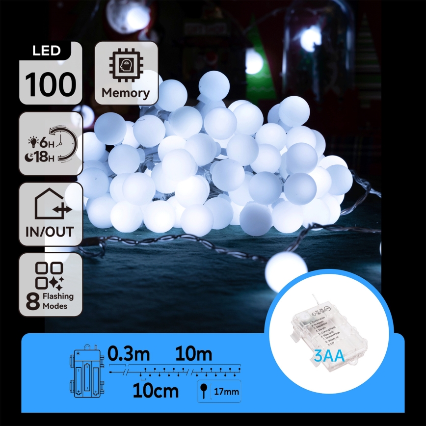 Aigostar - LED spoljašnji božićni lanac 100xLED/3xAA/8 funkcija 10,3 m IP44 hladno bela