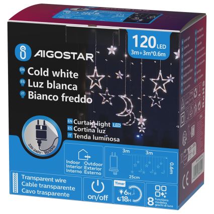 Aigostar - LED spoljašnja božićna girlanda 120xLED/6W/230V/8 funkcija 3x0,6m IP44 hladno bela + daljinski upravljač