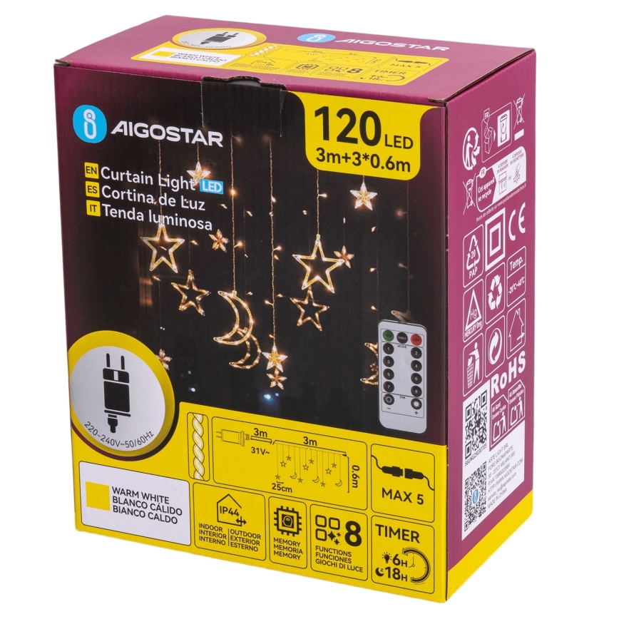 Aigostar - LED spoljašnji božićni lanac 120xLED/6W/230V/8 funkcija 3x0,6m IP44 topla bela + daljinski upravljač
