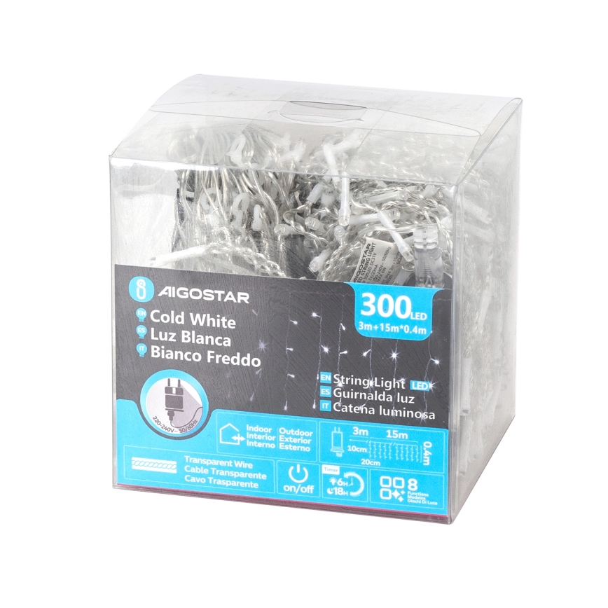 Aigostar - LED spoljašnji božićni lanac 300xLED/6W/230V/8 funkcija 15x0,4m IP44 hladno belo