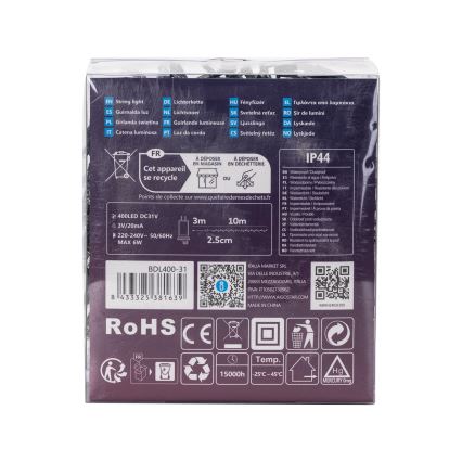 Aigostar - LED spoljašnji božićni lanac 400xLED/8 funkcija 13m IP44 hladno bela