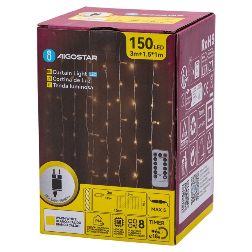 Aigostar - LED spoljašnja božićna girlanda 150xLED/6W/230V/8 funkcija 1,5x1m IP44 topla bela + daljinski upravljač