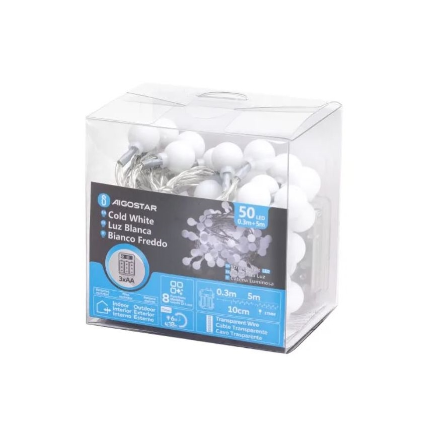 Aigostar - LED Božićne spoljašnje lampice 50xLED/3xAA/8 funkcije 5,3 m IP44 hladna bela