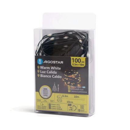 Aigostar - LED spoljašnja božićna girlanda 100xLED/8 funkcija 3xAA 10,3 m IP44 toplo belo svetlo