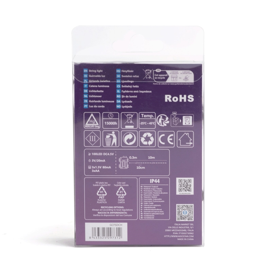 Aigostar - LED spoljašnja božićna girlanda 100xLED/8 funkcija 3xAA 10,3 m IP44 toplo belo svetlo