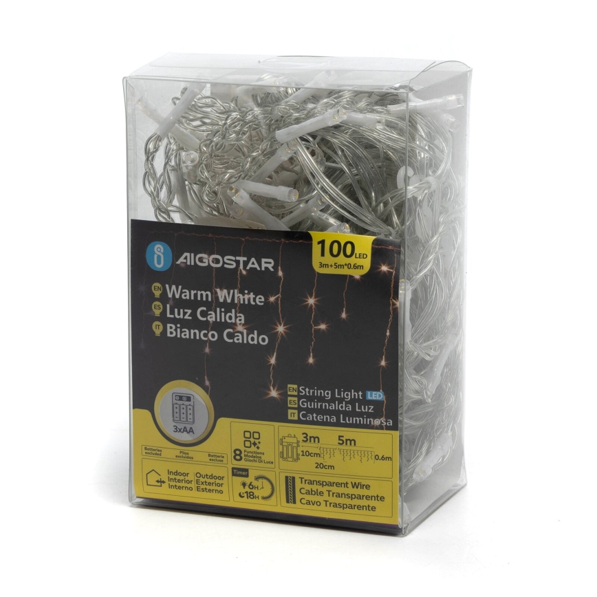 Aigostar-LED Spoljni božićni lanac 100xLED/8 funkcija 3xAA 8x0,6m IP44 topla bela