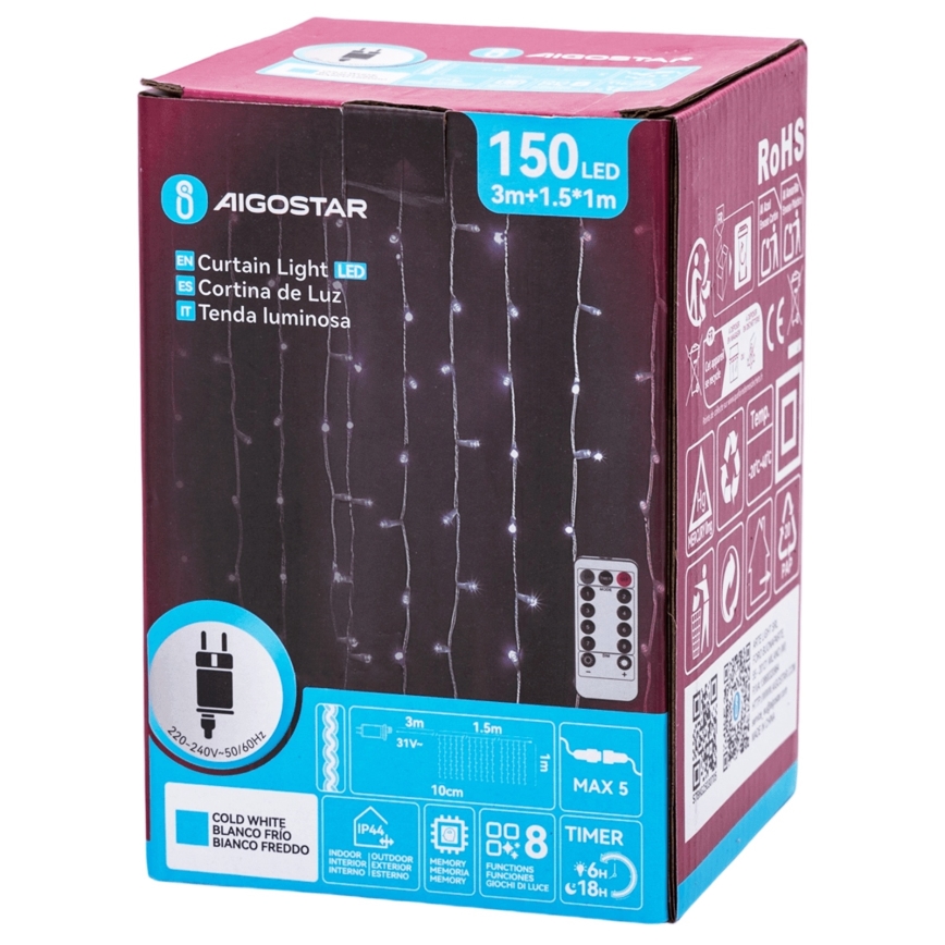 Aigostar - LED spoljašnje božićne lampice 150xLED/6W/230V/8 funkcija 1,5x1m IP44 hladno bela + daljinski upravljač