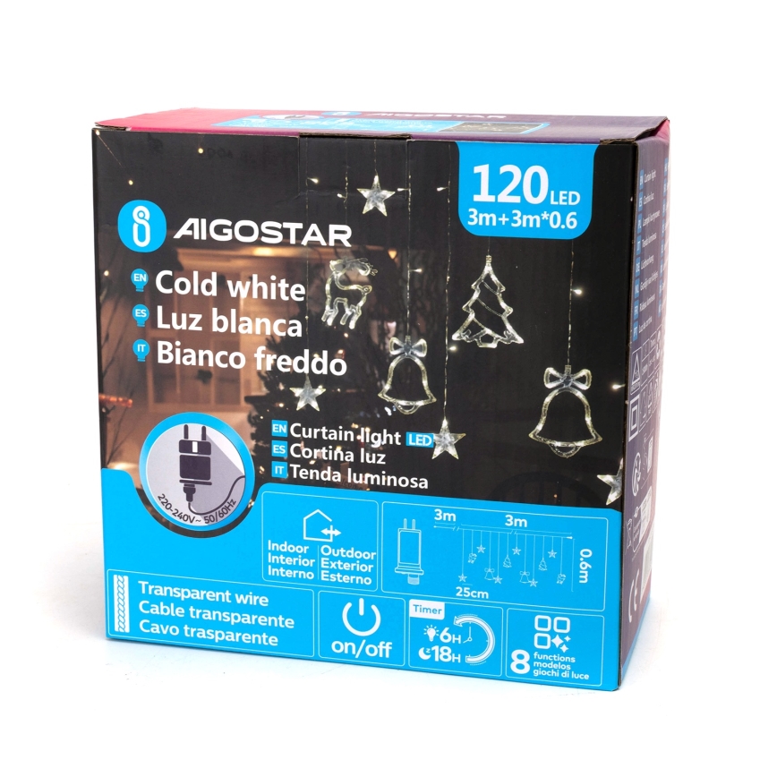 Aigostar - LED spoljašnji božićni lanac 120 LED/8 funkcija 3x0,6m IP44 hladno bela + sa daljinskim upravljačem
