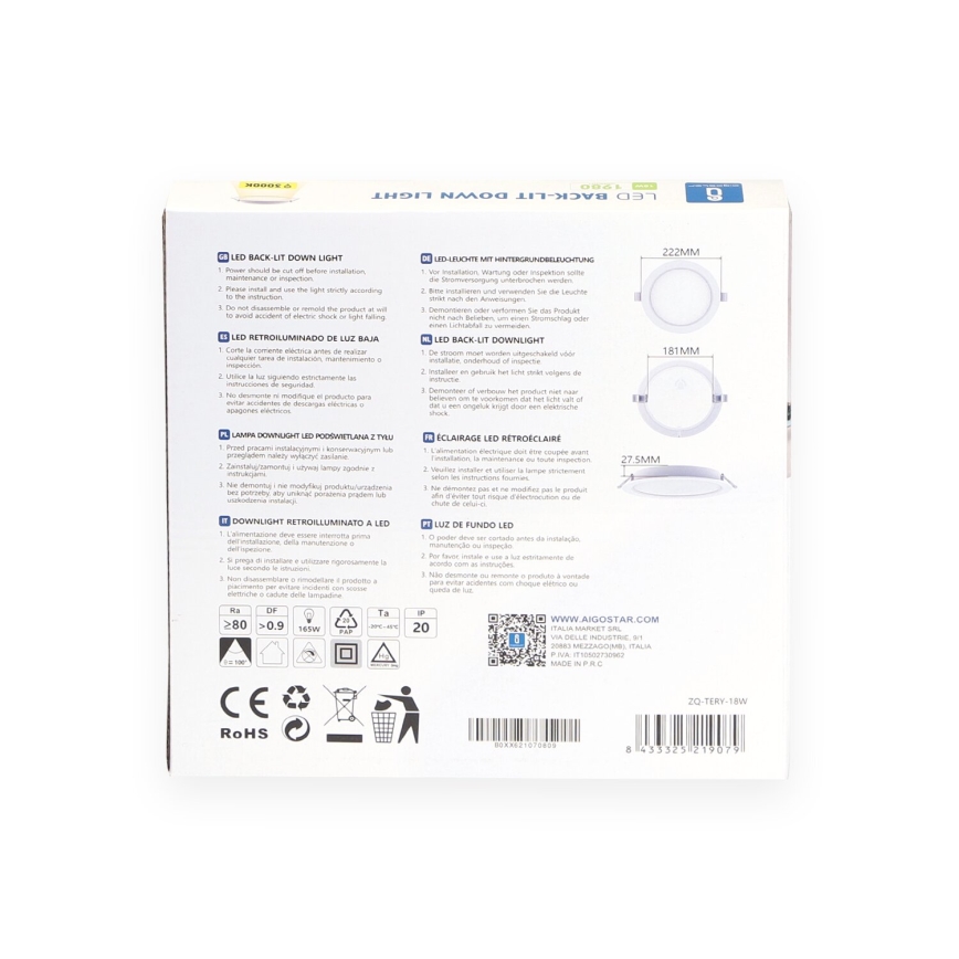 Aigostar - LED Ugradbena lampa LED/18W/230V 3000K pr. 27,5 cm bela