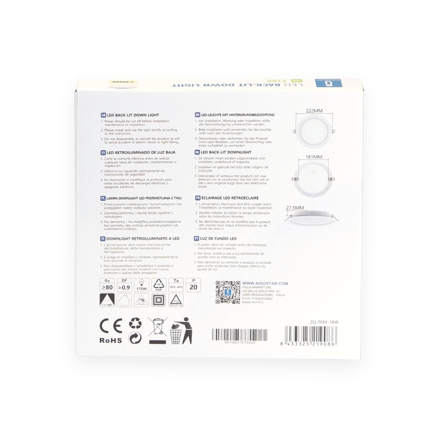 Aigostar - LED Ugradbena lampa LED/18W/230V 4000K pr. 22 cm bela