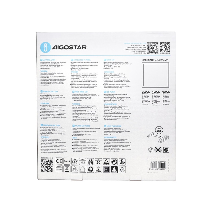 Aigostar - LED Ugradbeni panel LED/40W/230V 3000K/4000K/6500K 60x60cm bela