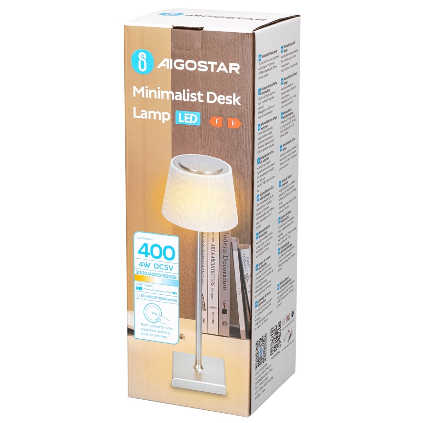Aigostar - LED Spoljašnja prigušiva punjiva stona lampa LED/4W/5V 3600mAh bela/krom IP54