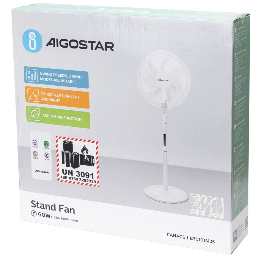 Aigostar - Podni ventilator 60W/230V bela + Daljinski upravljač
