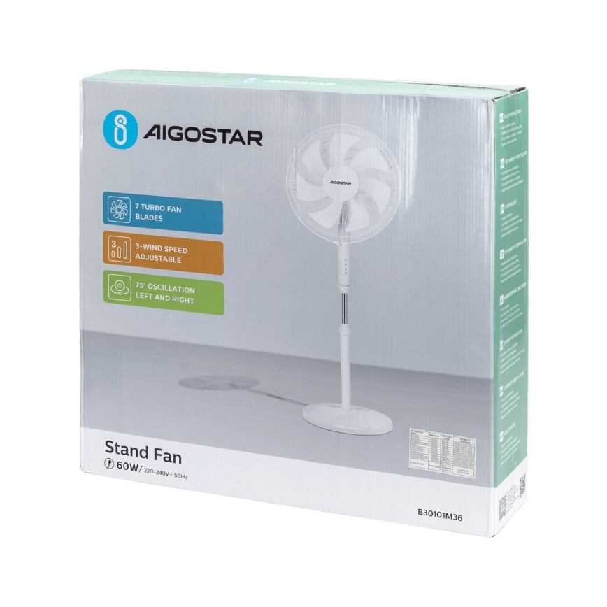 Aigostar - Podni ventilator 60W/230V, beli
