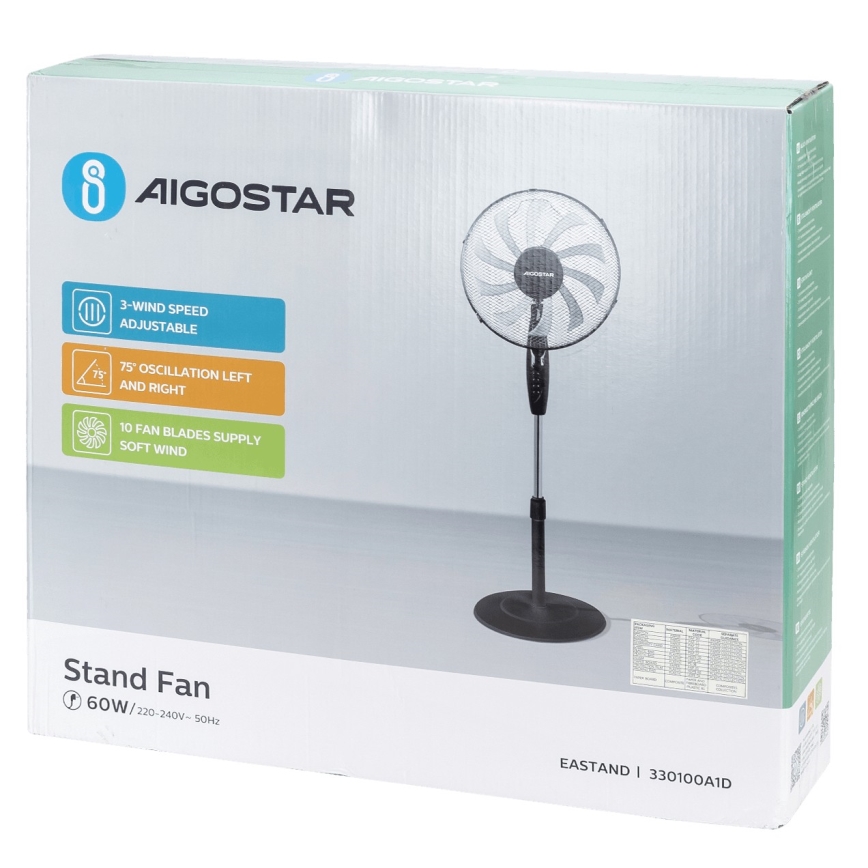 Aigostar - Podni ventilator 60W/230V crni