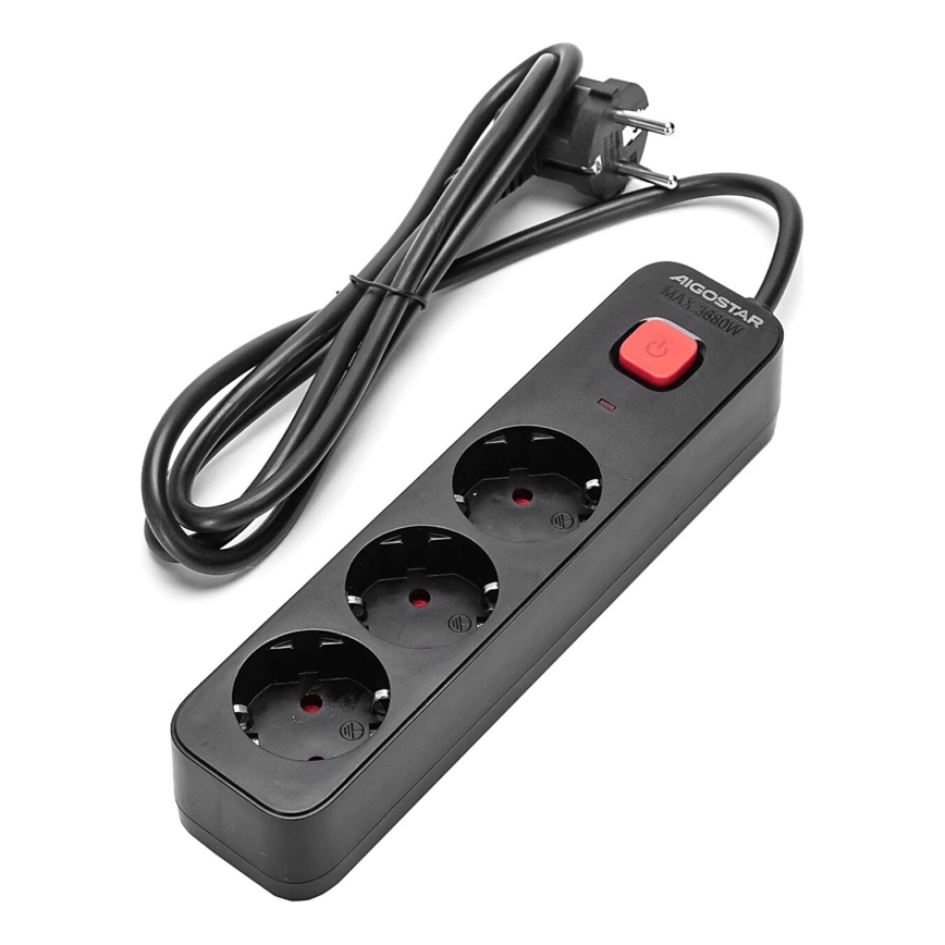 Aigostar - Produžni kabl s prekidačem 3Z Tip F 1,5m crni