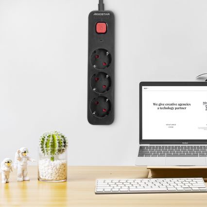 Aigostar - Produžni kabl s prekidačem 3Z Tip F 1,5m crni
