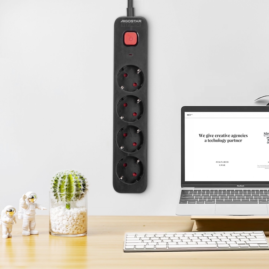 Aigostar - Produžni kabl s prekidačem 4Z Tip F 1,5m crni