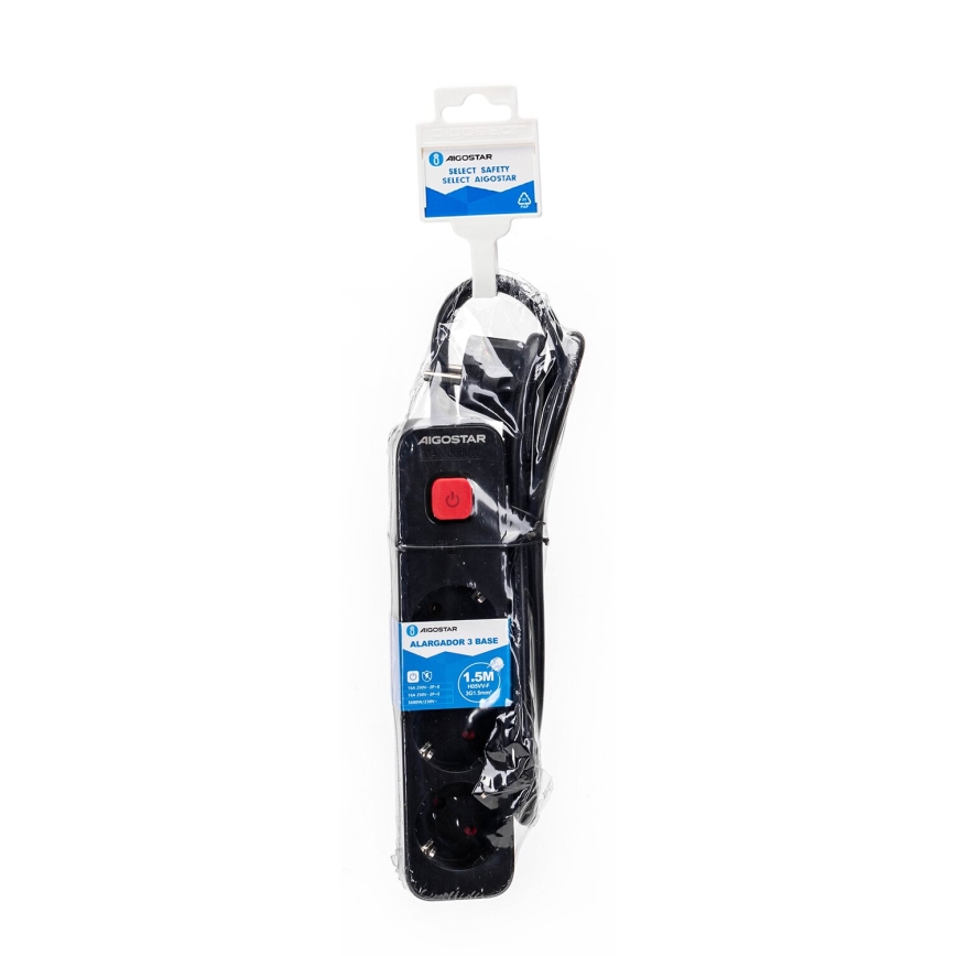 Aigostar - Produžni kabl sa prekidačem, 3 utičnice, Tip F, 1,5m, SCHUKO, crna