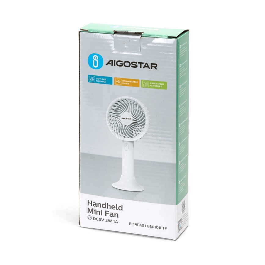 Aigostar - Punjivi džepni ventilator 3W/5V 1500mAh USB beo