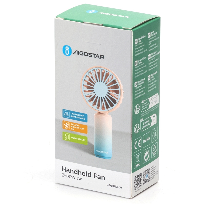 Aigostar - Punjivi džepni ventilator 3W/5V 500mAh USB ružičasti/plavi