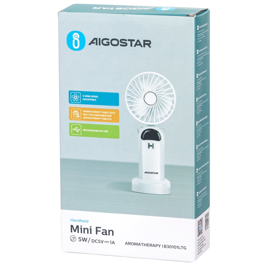 Aigostar - Punjivi ručni ventilator 4W/5V 1200mAh bela