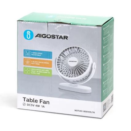 Aigostar - Punjivi stolni ventilator 4W/5V 1500mAh bela