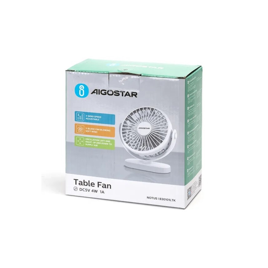 Aigostar - Punjivi stolni ventilator 4W/5V 1500mAh bela