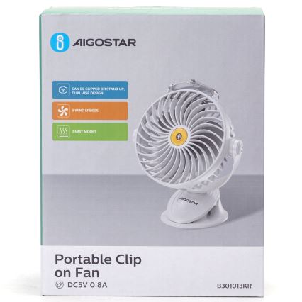 Aigostar - Punjivi stoni ventilator sa stezaljkom 2W/5V 2400mAh USB beo