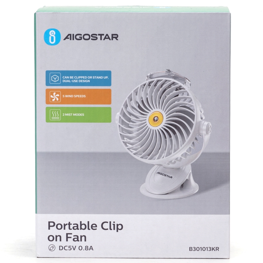 Aigostar - Punjivi stoni ventilator sa stezaljkom 2W/5V 2400mAh USB beo