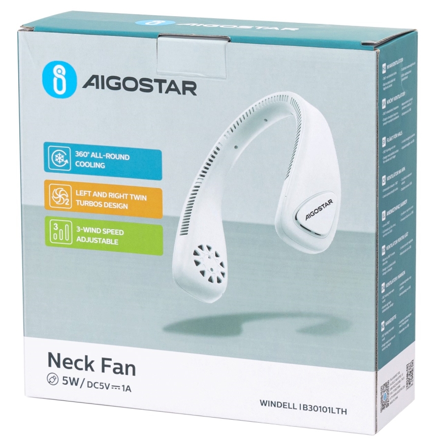 Aigostar - Punjivi ventilator za vrat 4W/5V 2000mAh bela