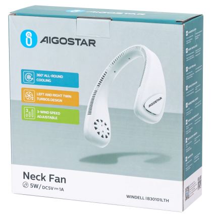 Aigostar - Punjivi ventilator za vrat 4W/5V 2000mAh beli