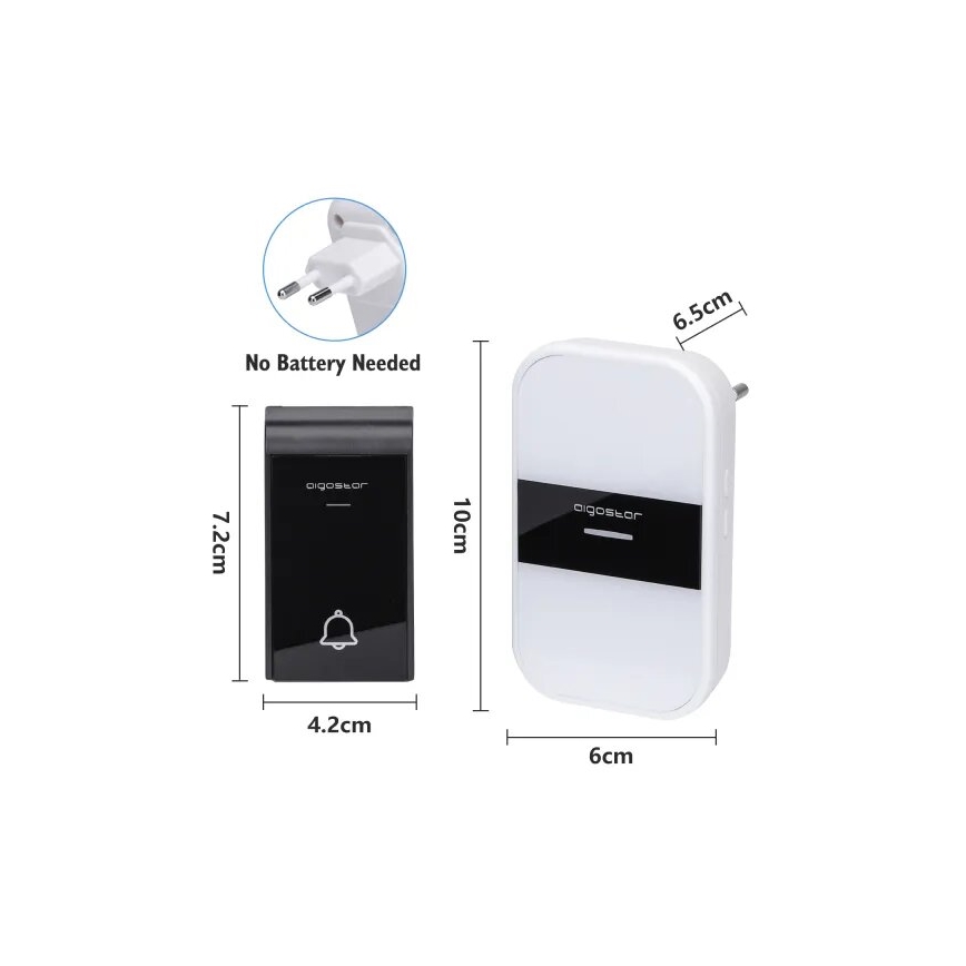 Aigostar - Set 2x Utično bežično zvono 230V/12V IP44 bela/crni