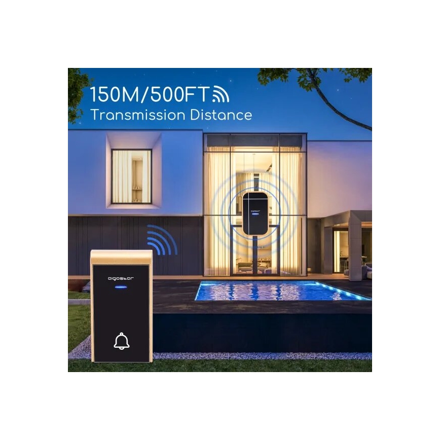 Aigostar - Set 2x Utično bežično zvono 230V/12V IP44 crni/bakrena