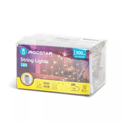 Aigostar - Spoljašnja LED božićna girlanda 300xLED/8 funkcija 3xAA 6x2m IP44 topla bela