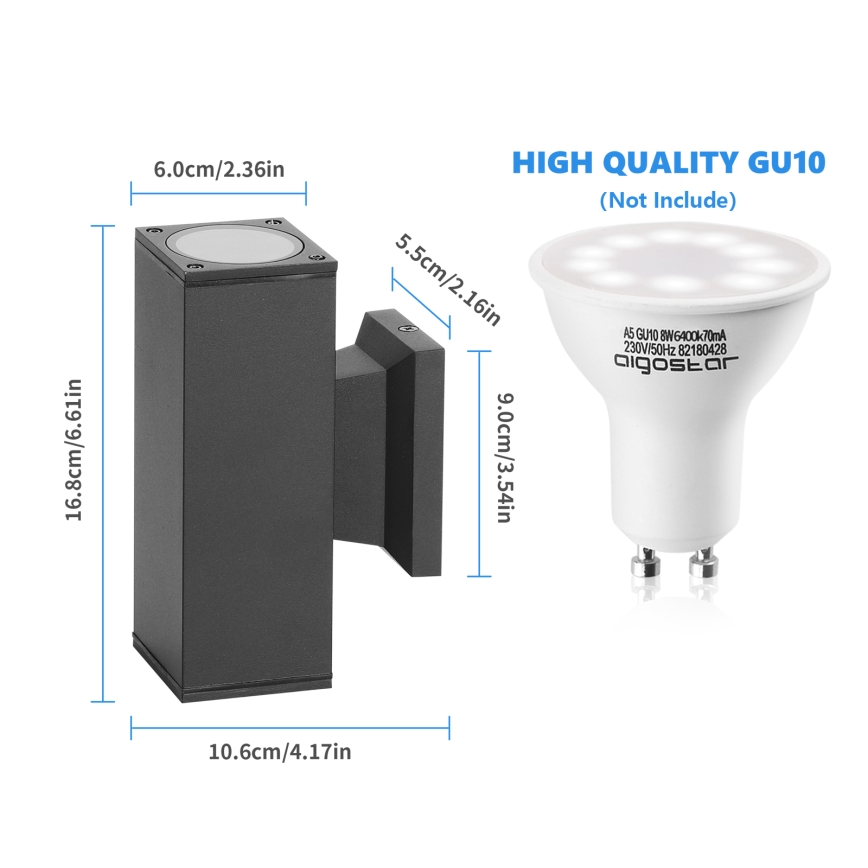 Aigostar - spoljašnja zidna lampa 2xGU10/230V crno IP65 uglast