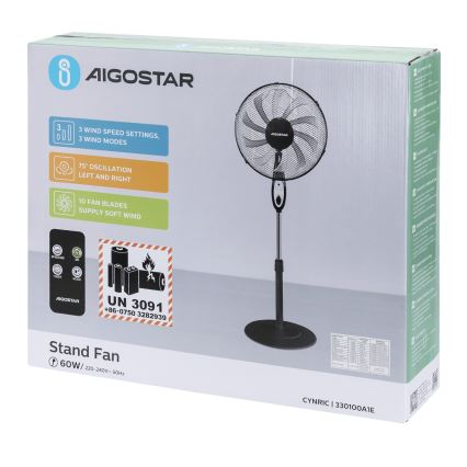 Aigostar - Stojeći ventilator 60W/230V crni + daljinski upravljač