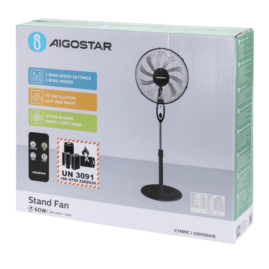 Aigostar - Stojeći ventilator 60W/230V crni + daljinski upravljač