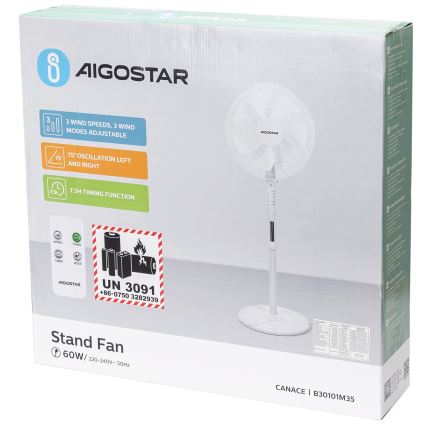 Aigostar - Stajaći ventilator 60W/230V beo + daljinsko upravljanje