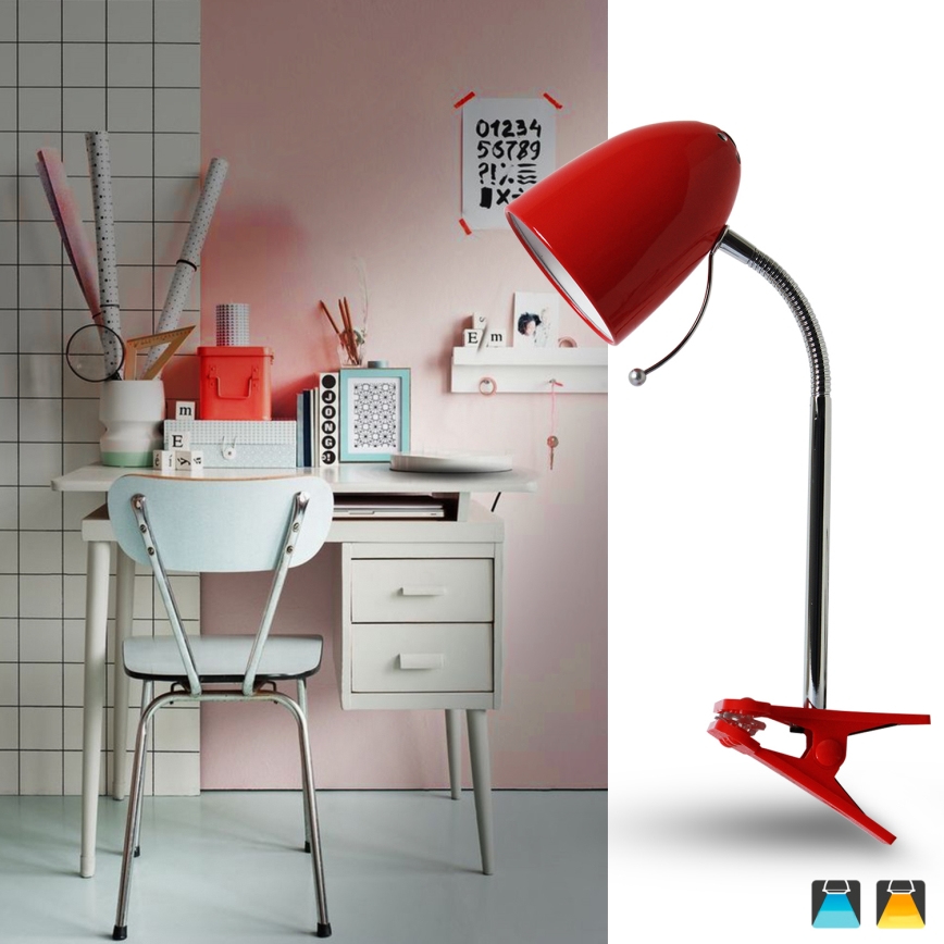 Aigostar - Stona lampa sa štipaljkom 1xE27/11W/230V crveno/krom