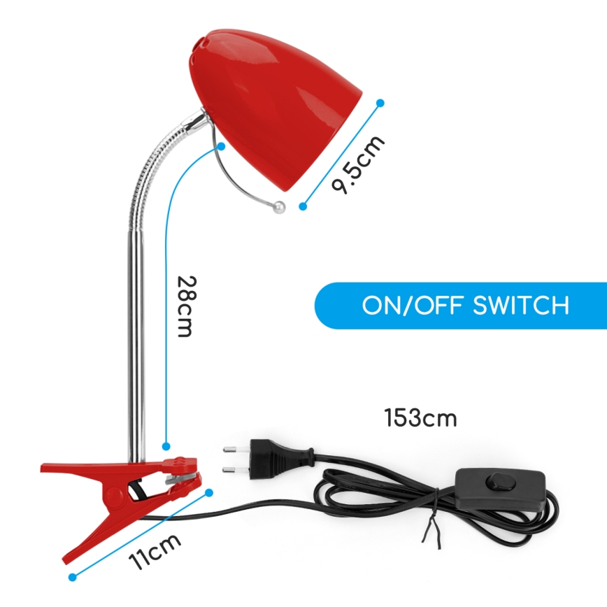 Aigostar - Stona lampa sa štipaljkom 1xE27/11W/230V crveno/krom