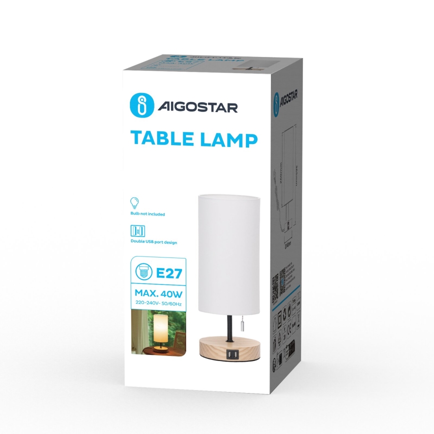 Aigostar - Stona lampa sa USB portom 1xE27/40W/230V bež