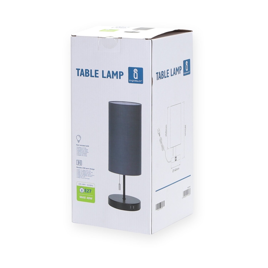Aigostar - Stona lampa sa USB portom 1xE27/40W/230V crno