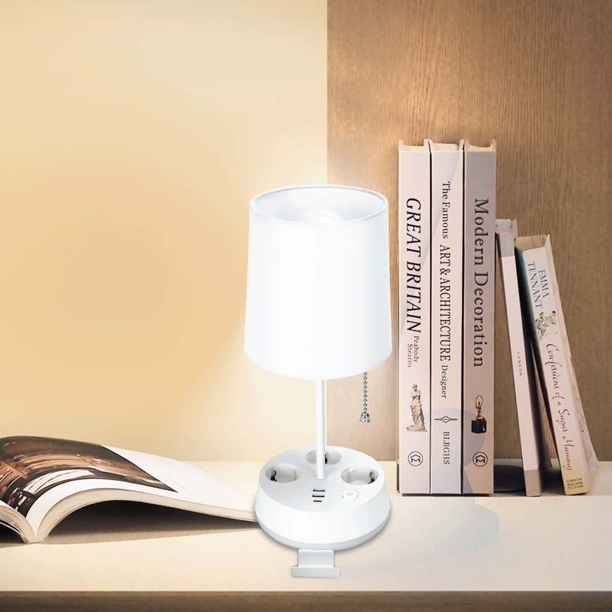 Aigostar - Stona lampa sa utičnicama i USB priključcima 1xE27/60W/230V bela