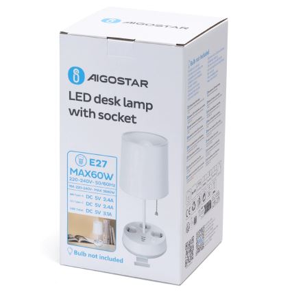Aigostar - Stona lampa sa utičnicama i USB priključcima 1xE27/60W/230V bela