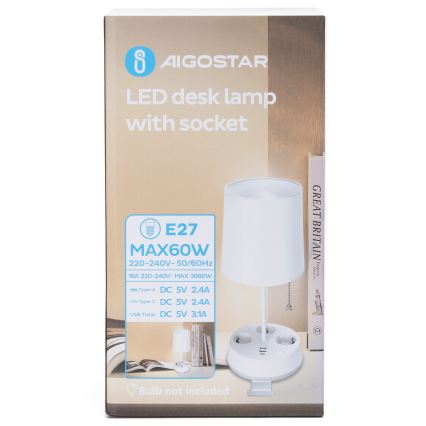 Aigostar - Stona lampa sa utičnicama i USB priključcima 1xE27/60W/230V bela