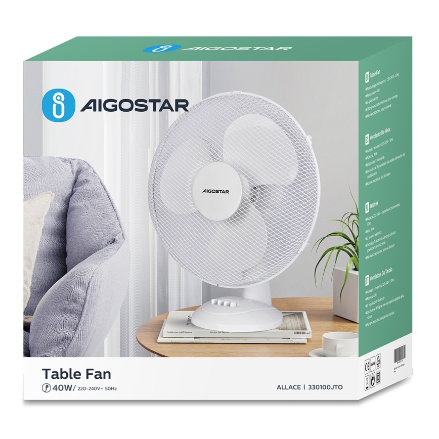 Aigostar - Stoni ventilator 40W/230V bela